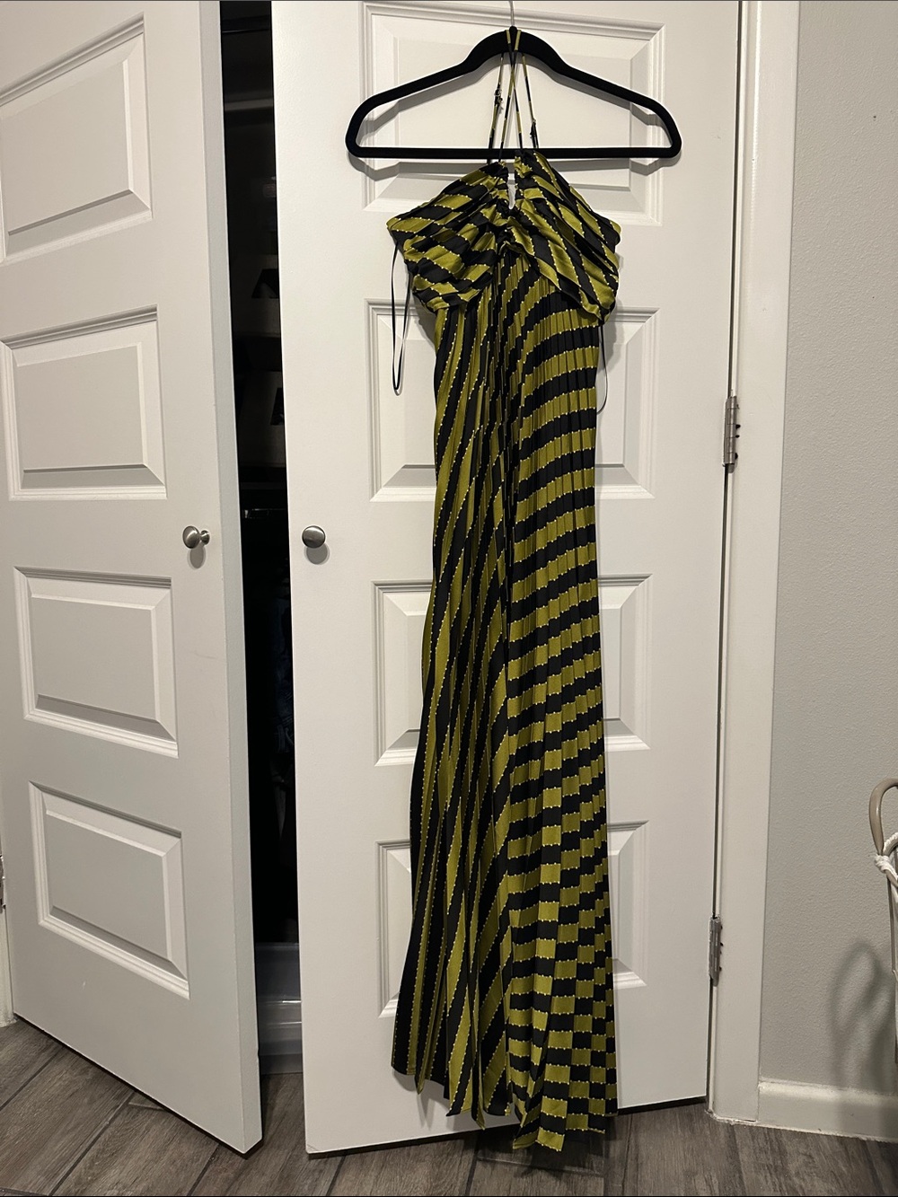 Anthropologie Olive Green and Black Striped Halter Maxi Dress
